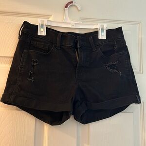 Black Denim Distressed Shorts. Size 6, 3 inch inseam. Mid rise boyfriend